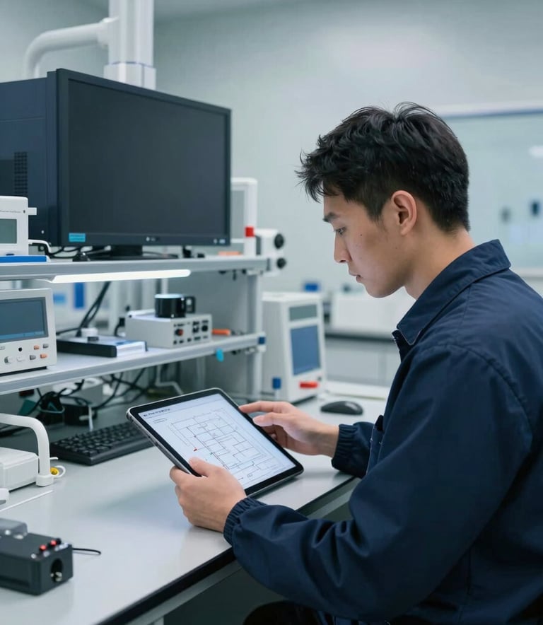 A clean, high-tech engineering laboratory in a North American / US industrial park. A professional examines a complex schematic on a tablet. The room is designed with pale mist gray walls and deep navy blue equipment, reflecting a mood of modern innovation.