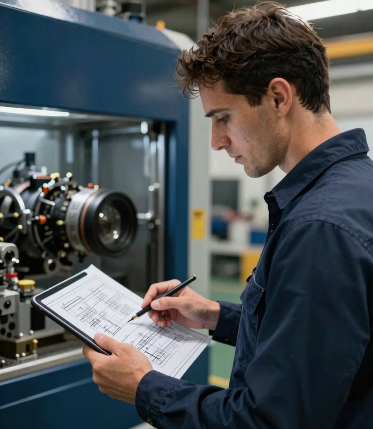 A professional mechanical engineer in a North American / US factory setting reviewing technical blueprints on a tablet. The background shows advanced industrial machinery with deep navy and steel blue accents.