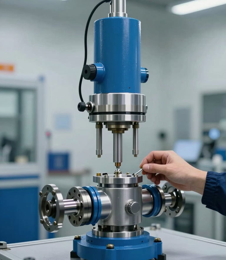 A high-precision hydraulic manifold being calibrated in a modern North American / US manufacturing facility. A technician's hand is visible adjusting a valve. The setting features pale mist gray floors and steel blue industrial components with professional studio lighting to emphasize precision.