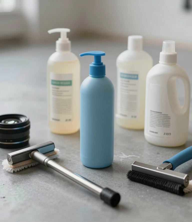 Close-up of high-end professional cleaning tools and eco-friendly products arranged neatly on a polished gray floor. Soft daylight, minimalist composition, featuring soft steel blue and off-white tones. Central European setting.