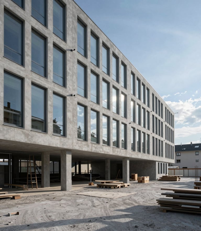 Int9rieur d'un b2timent moderne en fin de chantier, sols en b9ton polis et vitres 9tincelantes, lumi2re naturelle du Valais, tons gris clair et bleu ardoise, photographie professionnelle.