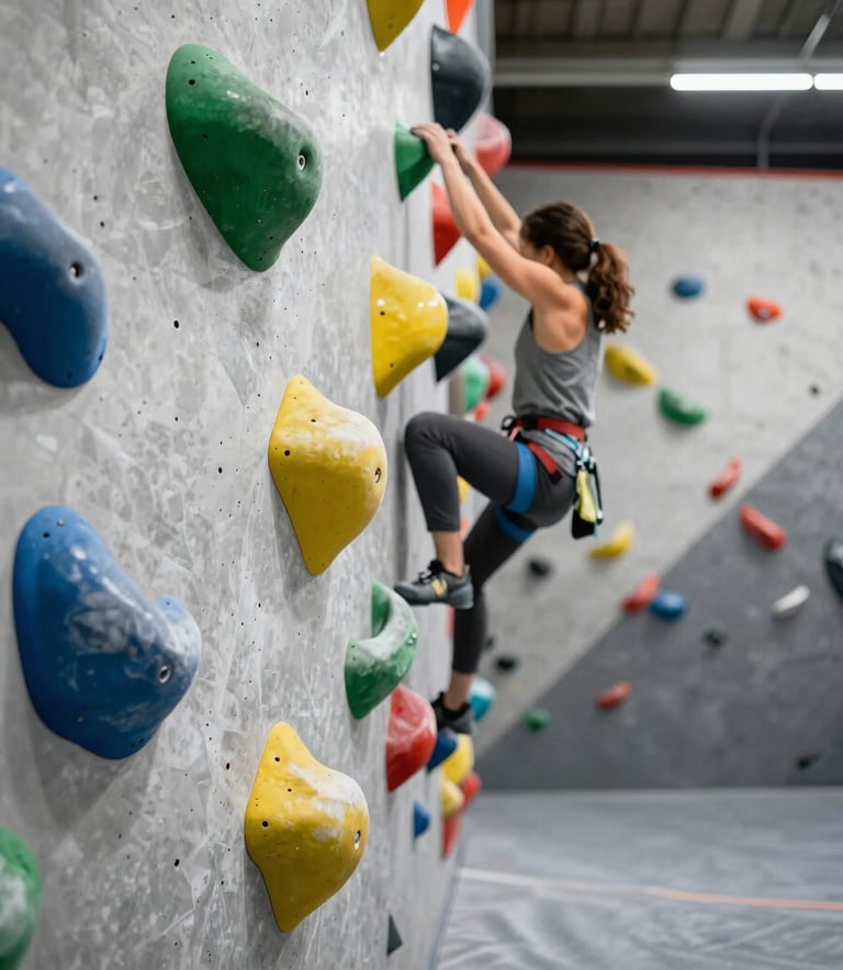 Une salle d'escalade moderne en Suisse, gros plan sur des prises propres et color9es, arri2re-plan flou montrant un espace vaste et bien entretenu, lumi2re du jour.