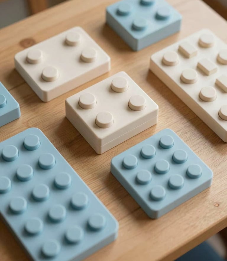 A top-down view of colorful pedagogical blocks and tactile learning materials on a wooden desk. Soft natural light illuminates the scene, featuring soft off-white and mist blue textures, creating a sense of organized, thoughtful educational preparation.