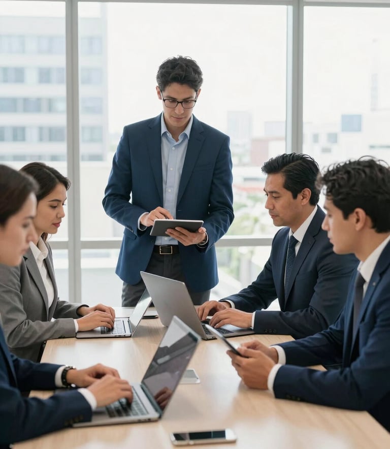 A professional business meeting in a bright, modern Guatemala City office, Central American professionals collaborating with tablets and laptops, clean lighting, atmosphere of innovation and reliability, deep blue and off-white palette.