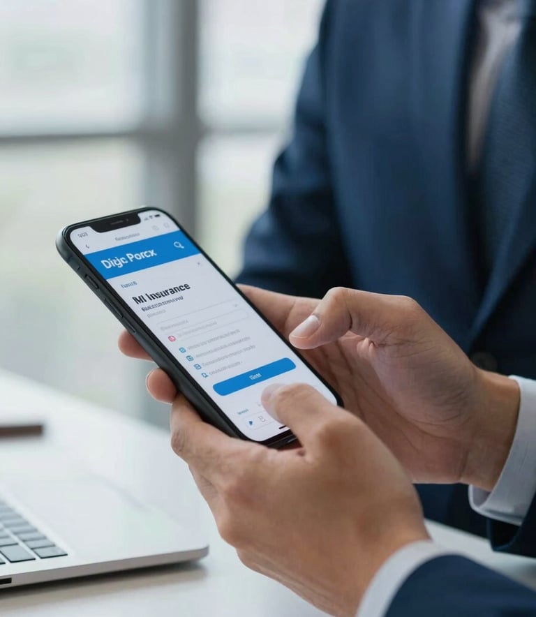 Close-up of a person in a professional Central American office setting using a smartphone to manage a digital insurance policy, soft natural light, clean environment with deep blue and light blue accents, conveying efficiency and trust.