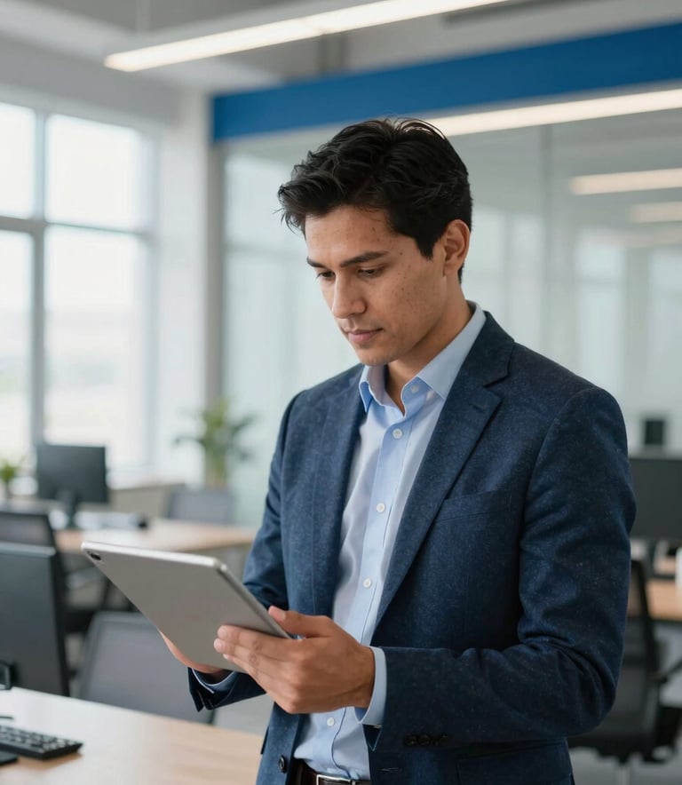 A Central American business professional working on a tablet in a bright, modern office space with professional lighting and medium blue accents.