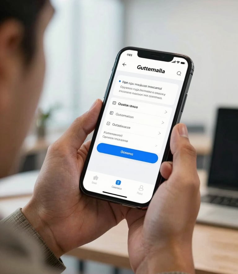 A close-up photograph of a modern smartphone held by a professional in Central American attire, showing a clean digital insurance application interface, soft natural lighting in a bright Guatemalan office.