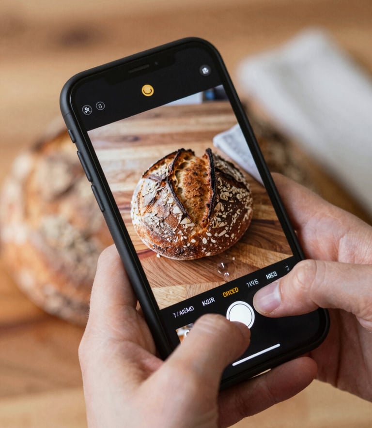 A close-up shot of a digital marketing specialist's hands holding a smartphone, capturing a high-quality photo of a rustic sourdough bread on a wooden surface (#4A3C32). Warm, natural lighting with soft shadows and hints of Crimson (#9B1C1C) in a nearby napkin.