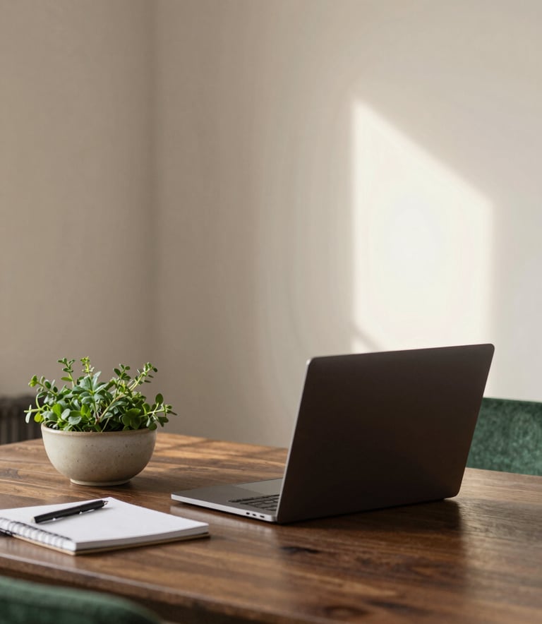 Cozy, Scandinavian-style planning session: A laptop sits on a dark wood table (#4A3C32) next to a ceramic bowl of herbs and a notebook. Soft sunlight illuminates the parchment-colored walls (#FDF5E6) and forest green textiles (#364536).