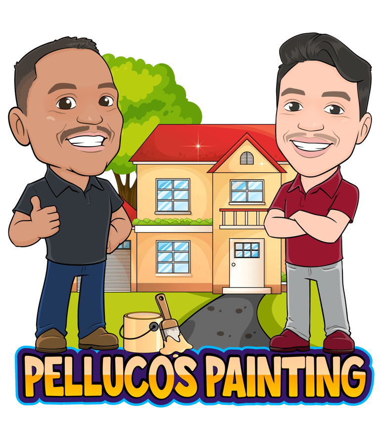 Pellucos Painting logo featuring a professional residential painting team in front of a newly painte