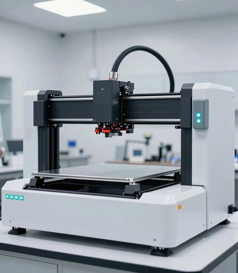 Professional photograph of a state-of-the-art industrial 3D printer in a bright, modern North American lab, white and mid gray equipment with soft cyan light indicators.