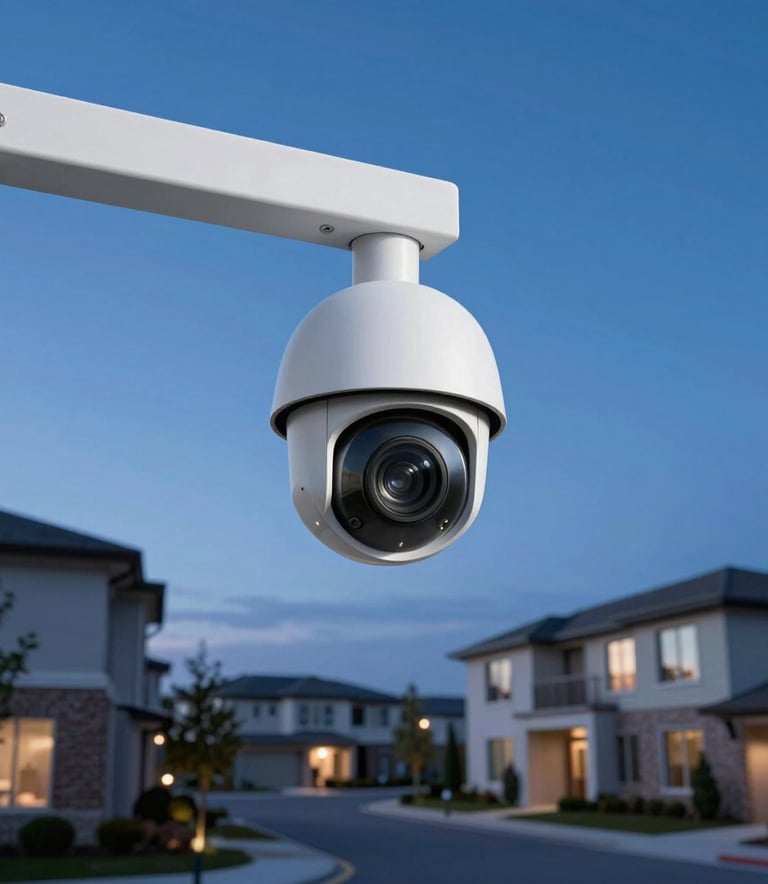 A low-angle shot of a high-tech security camera with an integrated spotlight, looking out over a modern residential North American landscape at dusk. The sky is a deep blue, mirroring the brand colors.