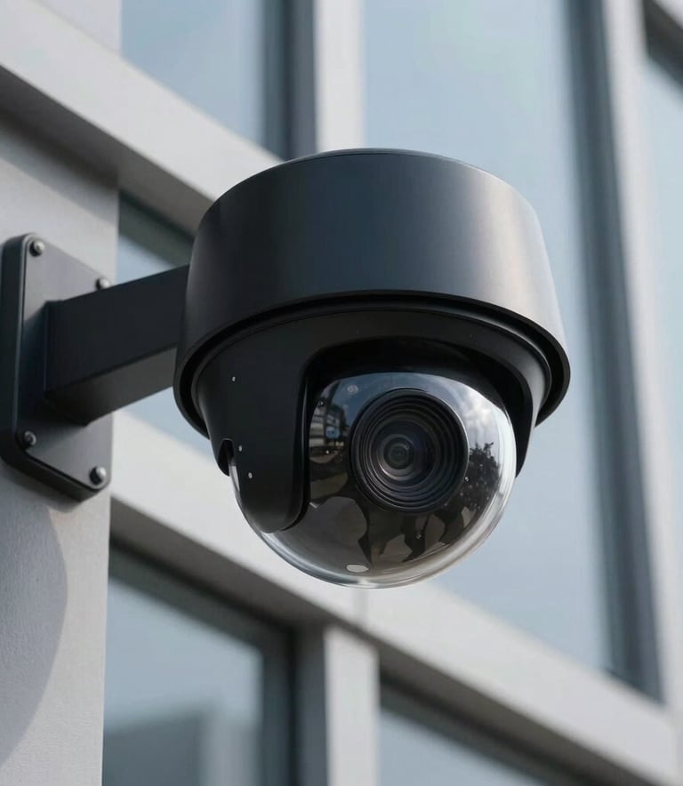 A close-up photograph of a high-end, sleek black dome CCTV camera professionally mounted on the exterior of a modern North American commercial building with glass windows. The lighting is crisp, emphasizing the premium quality and advanced technology.