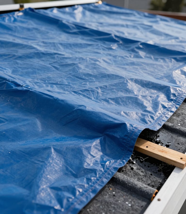 Close-up of a damaged roof with a heavy-duty blue waterproof tarp secured over a leak area. High-quality North American / US construction photography.