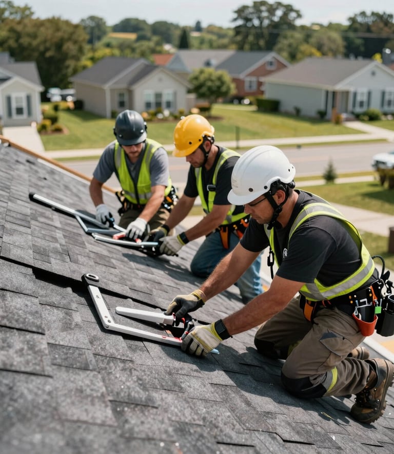 A professional roofing crew working together on a dark shingle roof in a North American / US residential neighborhood. Bright, professional photography with focus on safety equipment.