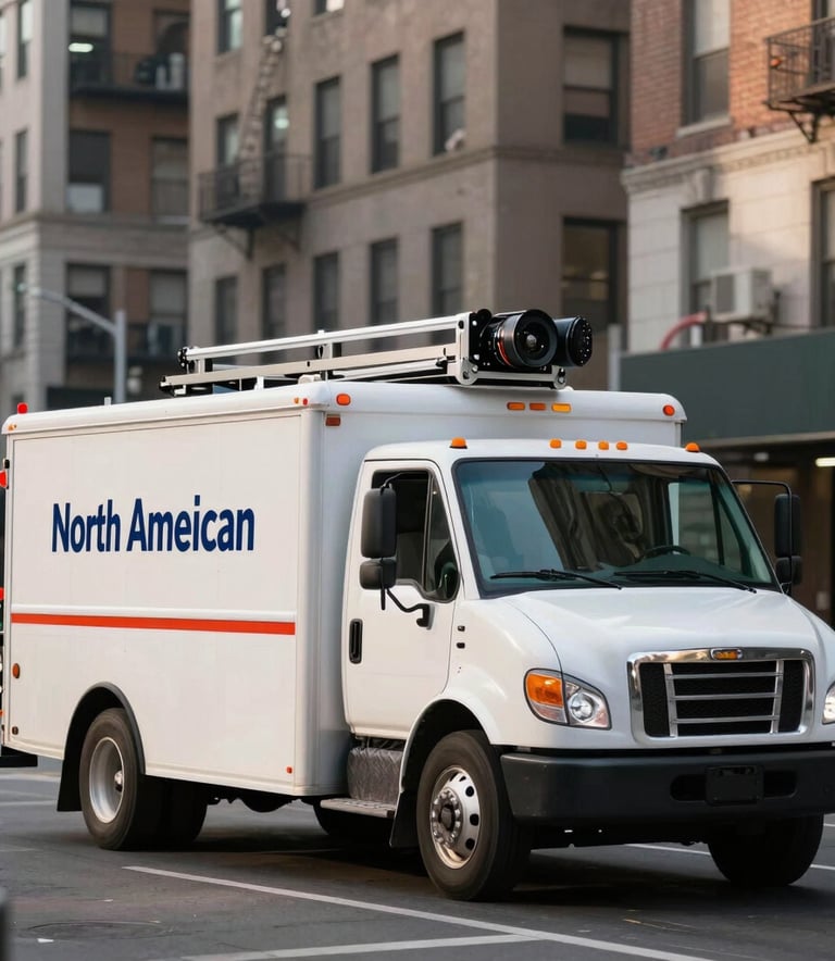 A white service truck with roofing equipment driving through a New York street, professional branding visible on the side, North American / US city environment, morning light.