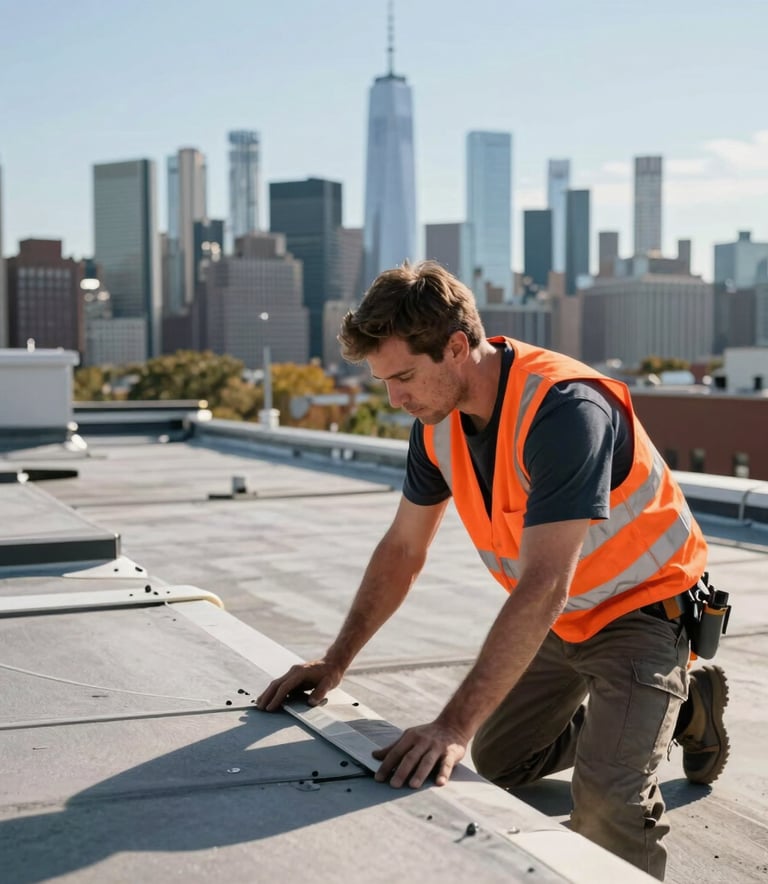A professional North American / US roofer in a high-visibility orange vest inspecting a flat commercial roof with a view of the New York City skyline in the background, daytime, crisp focus, cinematic lighting.