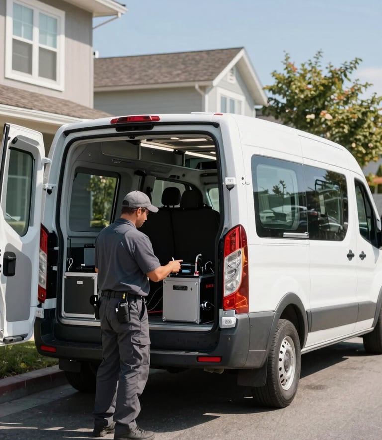A professional Everest Glass mobile service van parked on a modern North American / US suburban street during a sunny day. A technician in a clean, professional uniform is preparing equipment at the back of the van. The scene is bright and trustworthy.