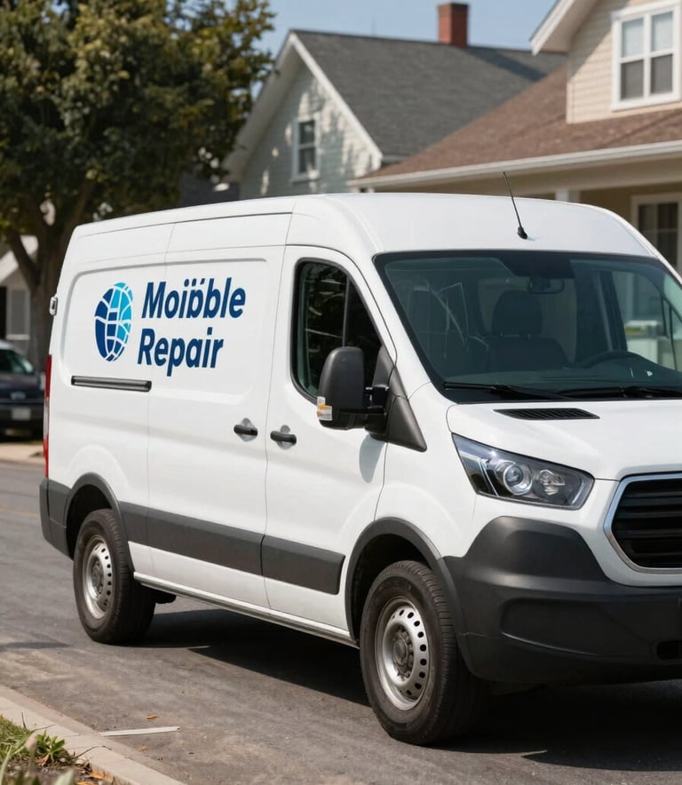 A clean, branded white service van parked on a quiet, sunlit street in a US neighborhood, representing reliable and professional mobile glass repair services.