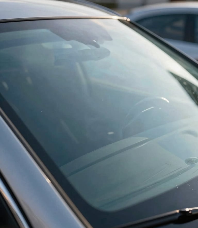 A crisp, detailed close-up of a flawless luxury car windshield reflecting a clear blue sky and modern North American architecture, symbolizing clarity and precision in glass replacement.