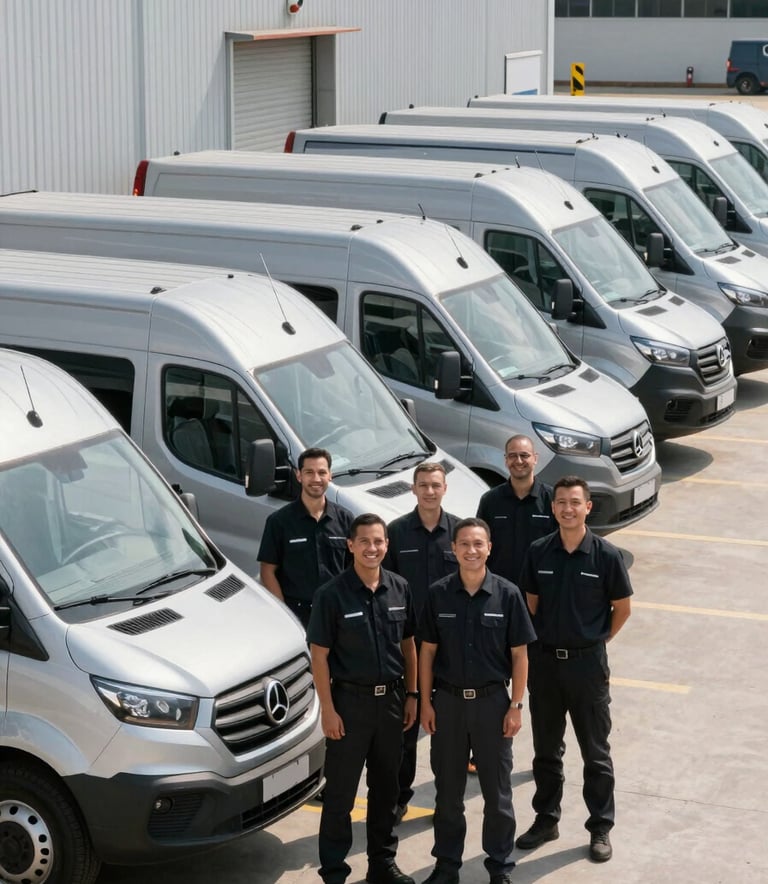 A professional wide shot of a clean fleet of silver grey delivery vans lined up at a modern logistics terminal. In the foreground, a group of drivers in deep black uniforms are standing together, smiling warmly at the camera, reflecting a friendly and professional atmosphere. The lighting is bright and clear daylight.
