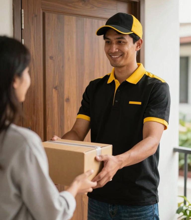 A smiling delivery driver in a Jet Black and Saffron Yellow uniform handing a package to a person at a modern residential wooden door, creating an atmosphere of empathy and service.