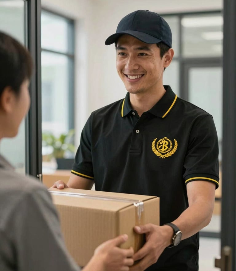 A delivery professional wearing a deep black polo shirt with vibrant golden yellow embroidery, smiling empathetically while delivering a package to a person at the door of a modern office. The scene is bright and highlights trust and excellent customer service.