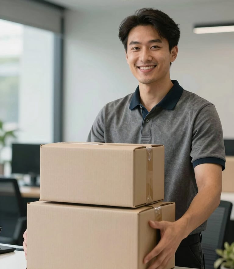 A logistics professional with a friendly smile delivering clean cardboard boxes to a modern business office reception. The lighting is bright and organized.