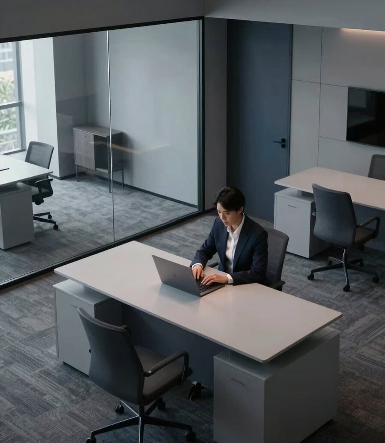 A high-angle shot of a sleek, modern North American / US office with glass walls and minimalist furniture. The lighting is low and moody with accents of Mist Grey and Slate Blue. A professional is seen working on a high-tech laptop.