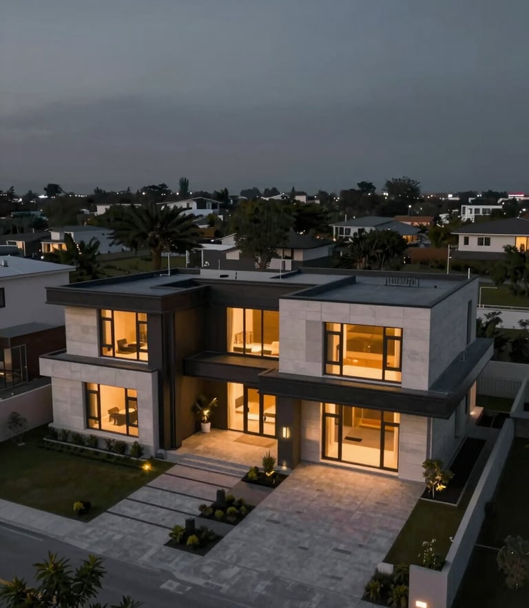An aerial property shot of a sleek, modern luxury home with sharp architectural lines, illuminated by warm amber outdoor lighting against a deep charcoal evening sky.