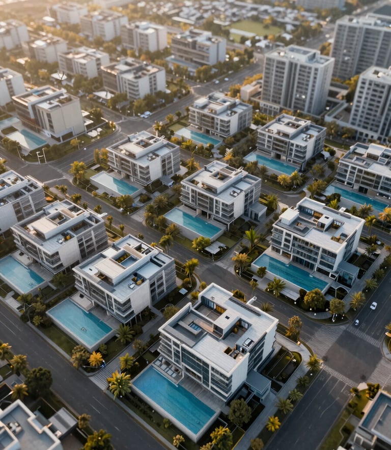 An aerial drone shot of a luxury residential development with modern geometric houses and pools. The landscape is crisp and the lighting is warm golden hour, highlighting the textures of high-end materials. Clean composition, professional and sophisticated.