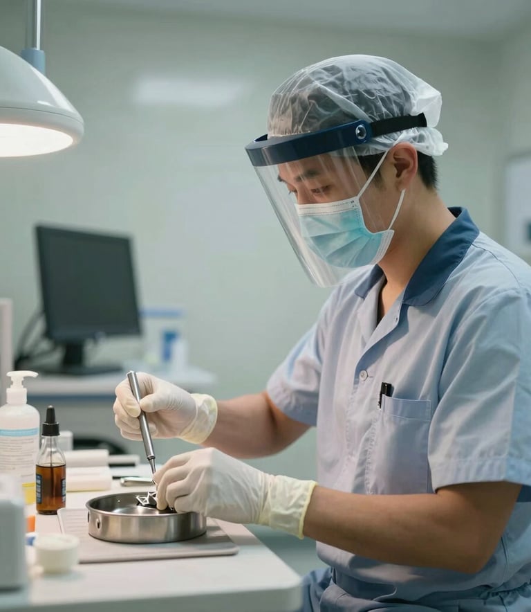 A professional cleaning technician in a neat uniform and protective gear sanitizing clinical equipment in a New York medical office, North American / US context.