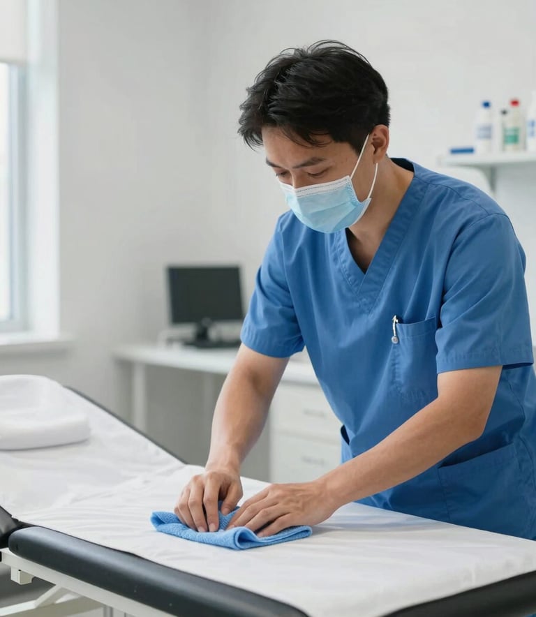 A professional cleaning technician in a North American / US medical clinic, wearing a blue uniform and face mask, using a microfiber cloth to sanitize a patient exam table. Soft, bright natural light, clean blue and white tones.