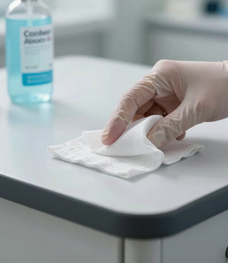 Close-up of a gloved hand using a professional-grade disinfectant wipe on a sleek medical examination surface, bright clinical lighting, North American / US clinic.