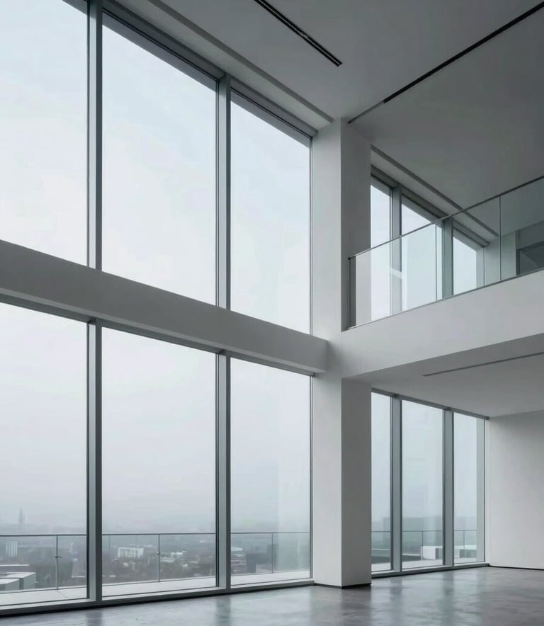 A modern, minimalist architectural shot of a bright office interior. Large glass windows reveal a soft mist blue sky, while arctic white walls and clean lines create a sense of professional elegance and open space.