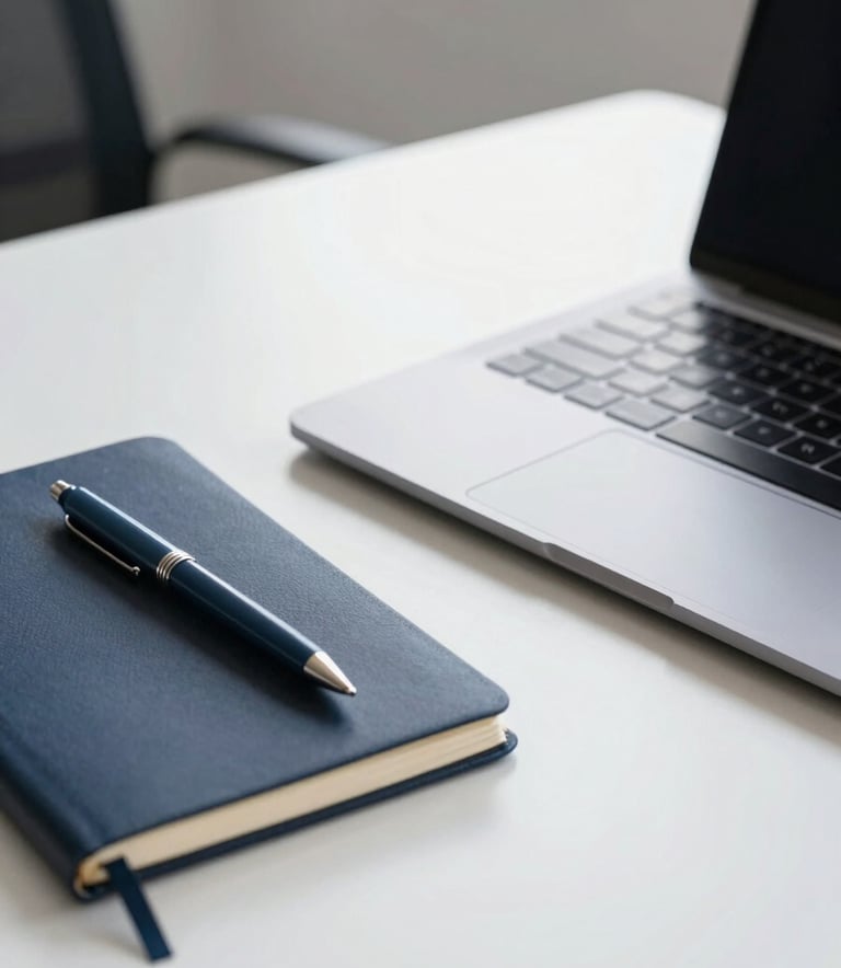 A close-up photograph of a professional's desk in a minimalist office. On the surface sits a sleek metallic laptop and a midnight navy notebook with a slate blue pen. The lighting is bright and natural, reflecting an atmosphere of focused, professional work.
