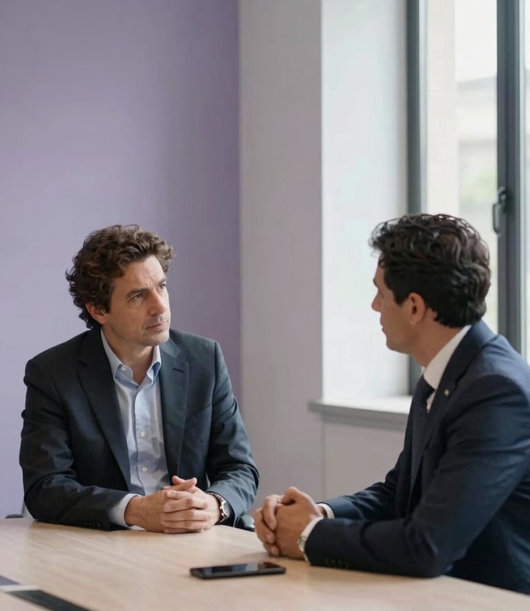 A photography of two professionals in an elegant Spanish / Iberian & Latin American meeting room. They are engaged in a calm, strategic conversation near a window with soft light. The environment is minimalist with grayish lavender and soft off-white accents, conveying authority and trust.