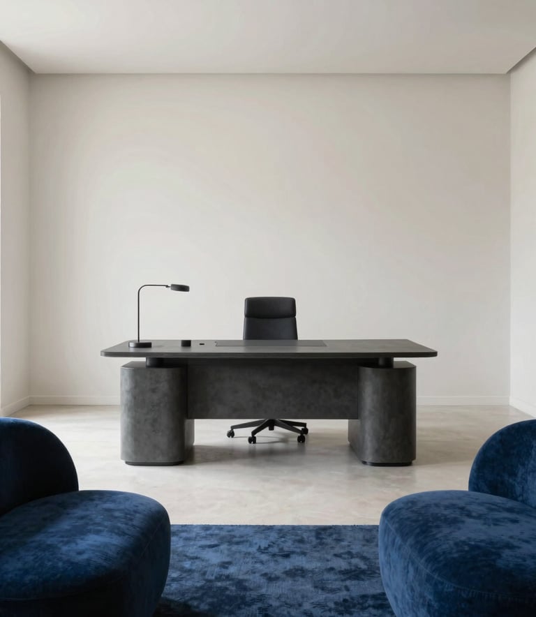 Clean, wide-angle photography of a minimalist Spanish / Iberian & Latin American office interior. Soft off-white walls, a single high-quality charcoal desk, and deep modern blue textiles. The composition is spacious, evoking clarity and financial intelligence.