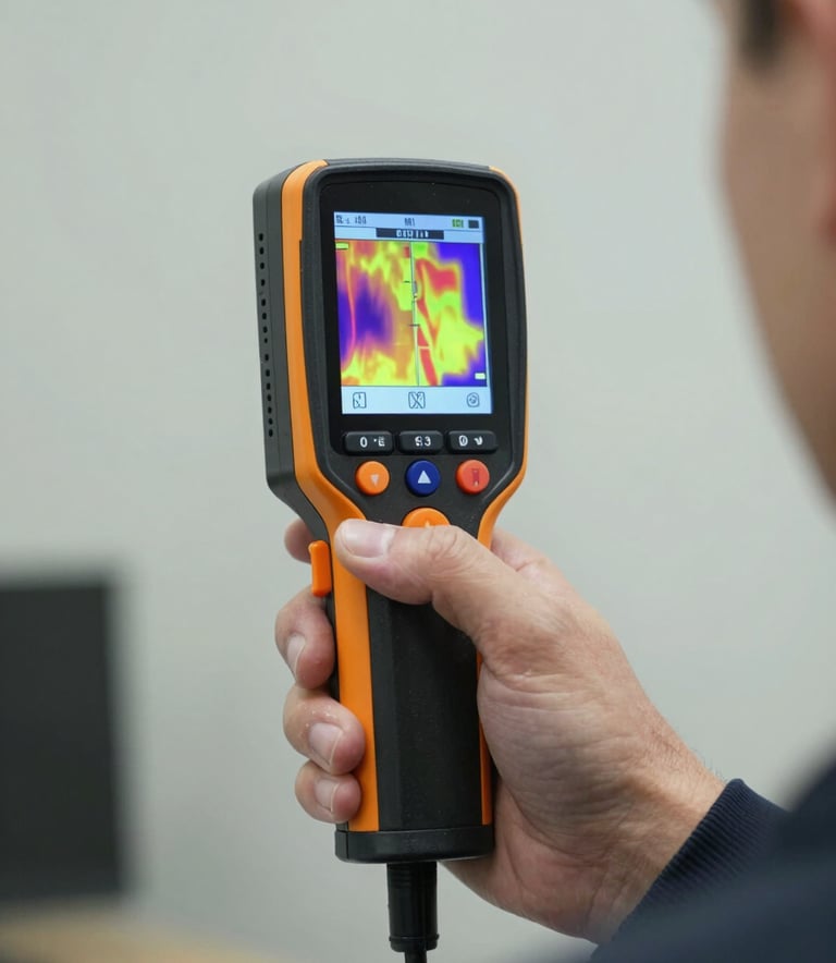 A close-up, high-detail shot of a professional inspector's hand holding a modern thermal imaging device in a clean interior setting. The device screen shows thermal heat maps against a neutral wall (#F4F7F9). The composition is sophisticated and technical.