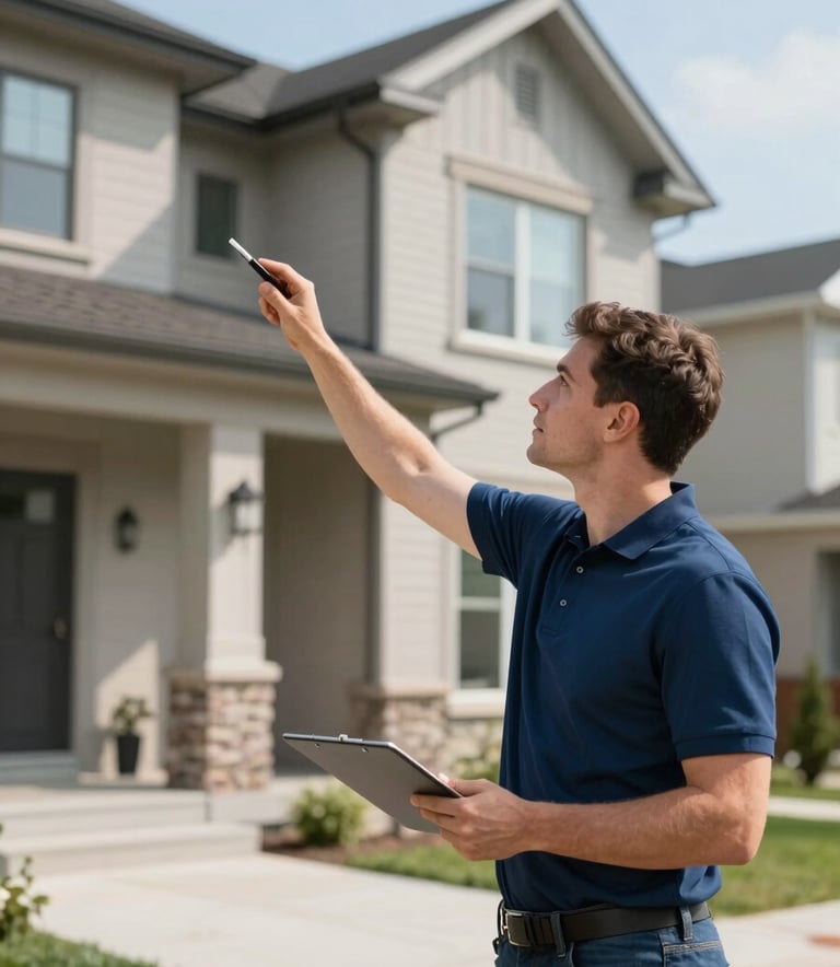 A professional home inspector wearing a neat navy blue polo shirt (#1A2C3C) inspecting the exterior of a modern Toronto home. The shot is wide, capturing clean architecture and a bright, clear sky. The lighting is crisp and natural, emphasizing meticulous attention to detail.