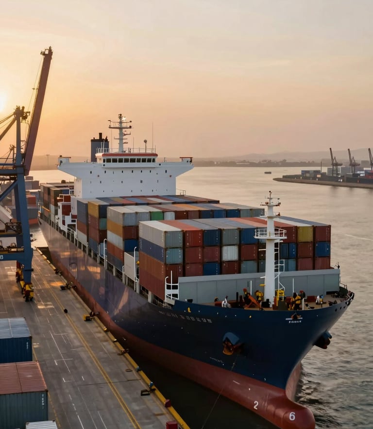 A high-angle cinematic shot of a massive container ship being loaded at a modern industrial port, with a backdrop of a vast desert horizon during sunset. The lighting is golden and sophisticated, featuring a color palette of #3C3C3B and #7E6D5D.