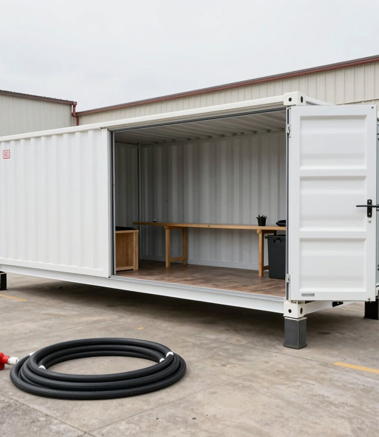 A technician in professional industrial gear assembling a heavy-duty hydraulic hose inside a mobile workshop container, desert landscape visible through the door. Sharp focus, professional integrity, featuring colors #7E6D5D and #F3EFEA.