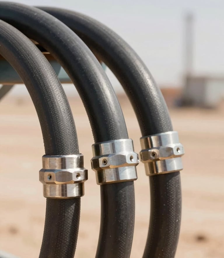 A close-up of heavy-duty hydraulic hoses with metallic couplings, set against a desert industrial site. The lighting is bright and clear, emphasizing the robust textures of the equipment. Colors feature #3C3C3B and #7E6D5D tones.