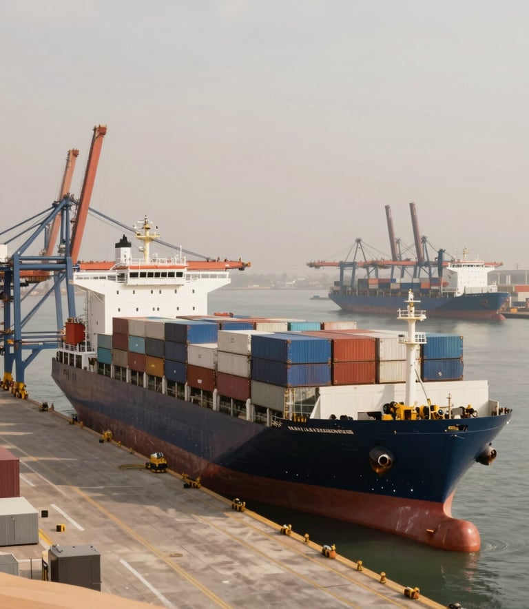 A wide shot of a modern cargo ship and logistics fleet operating in a high-tech port facility. The atmosphere is professional and efficient, using a palette of #7E6D5D and #3C3C3B with clean desert sunlight.
