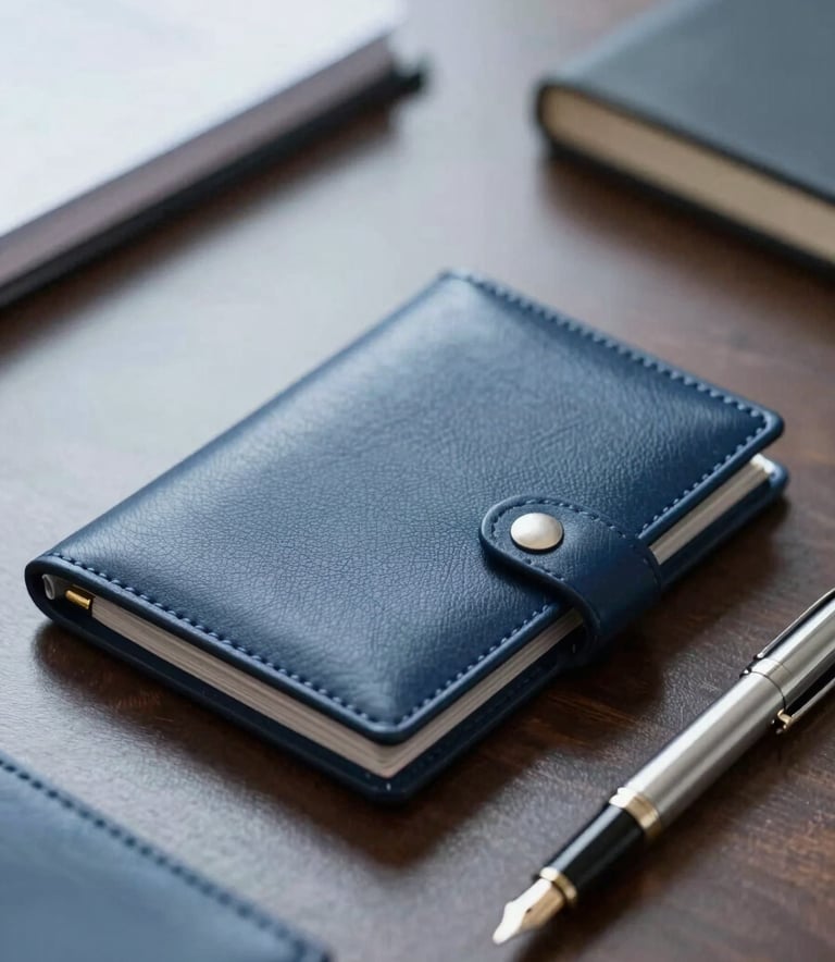 Close-up of a high-quality leather folder and a silver fountain pen on a polished desk, representing managerial authority and high-level training, using professional lighting and a palette featuring #0A1D2B and #88A7B5.