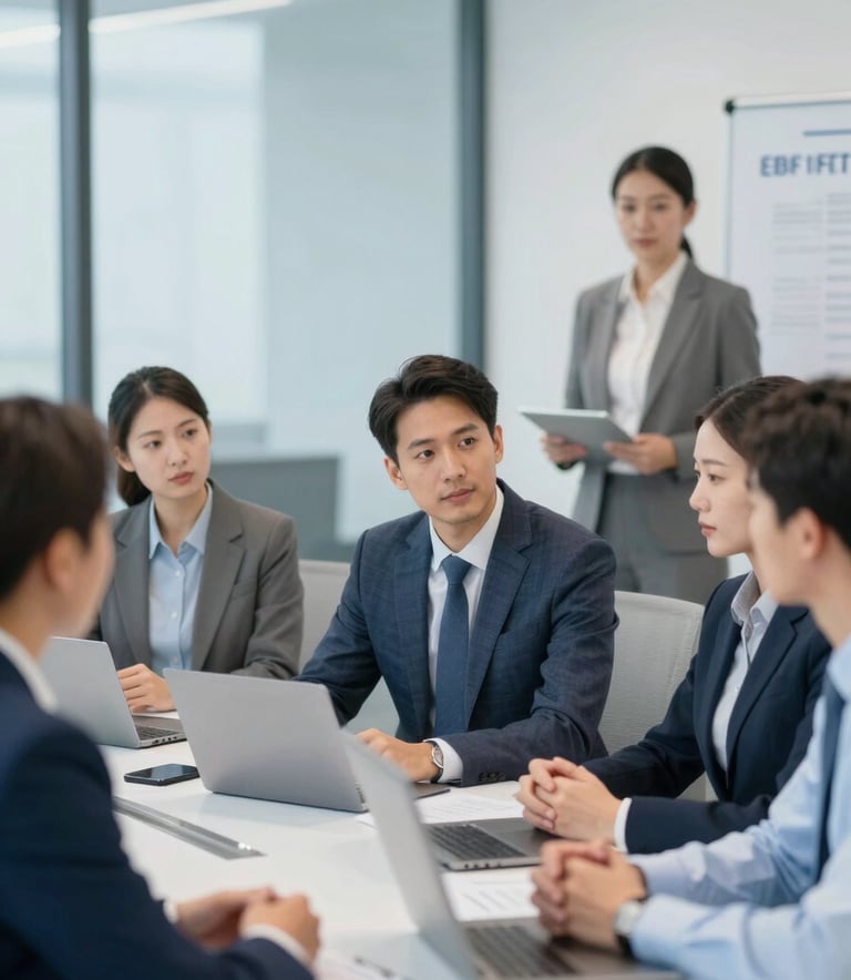 A group of professional managers in a clean, modern corporate training environment, engaged in high-level strategic learning, sophisticated mood, using colors #2F5A6D and #EBF1F5.