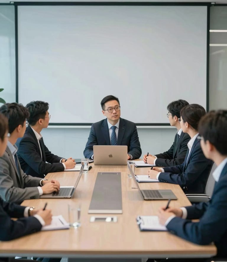 A group of focused professionals in a sleek, modern conference room participating in a high-level training session. The lighting is bright and professional, with accents of navy and light blue in the room's decor, reflecting a clean and authoritative brand image.