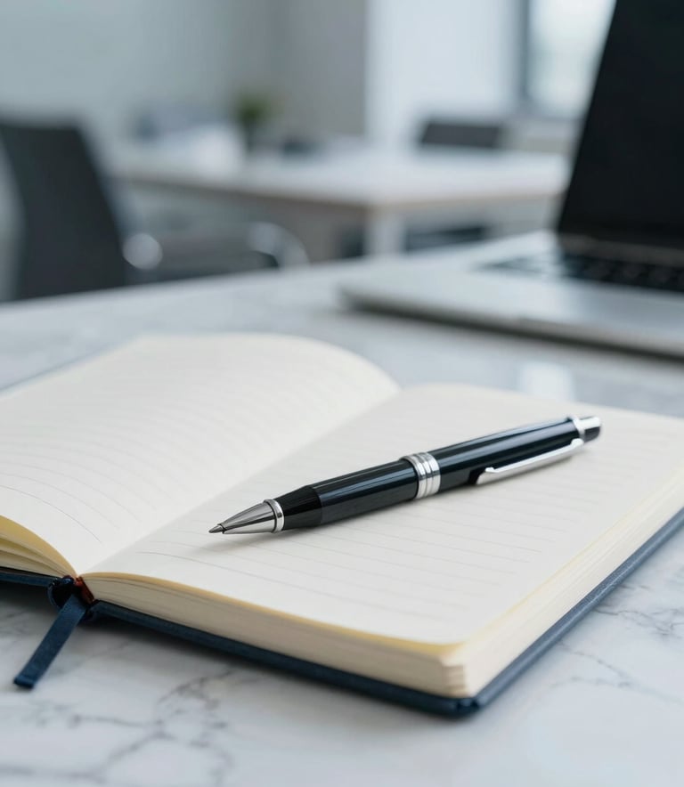 Close-up of professional workshop materials, including a clean notebook and a high-quality pen on a marble table, with a blurred background of a sophisticated corporate office in shades of #2F5A6D and #EBF1F5.