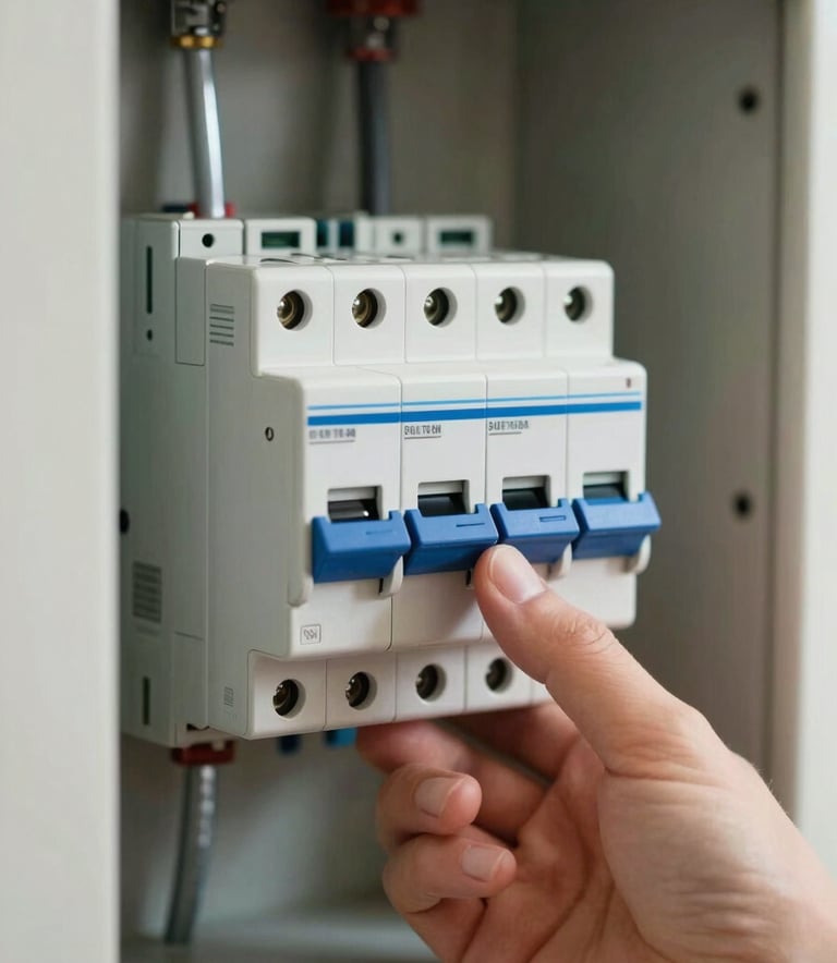 A close-up photograph of a modern electrical circuit breaker panel inside a Southern European / Spanish home. A professional hand is adjusting a switch. The lighting is crisp and clear, highlighting the Steel Blue and Pale Grey elements of the device.