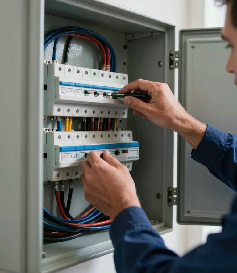A close-up photograph of a professional electrician's hands working on a modern electrical panel in a Southern European / Spanish residential setting. The panel is clean and organized, with Steel Blue and Dark Navy components. Soft daylight from a nearby window creates a bright, reliable atmosphere.
